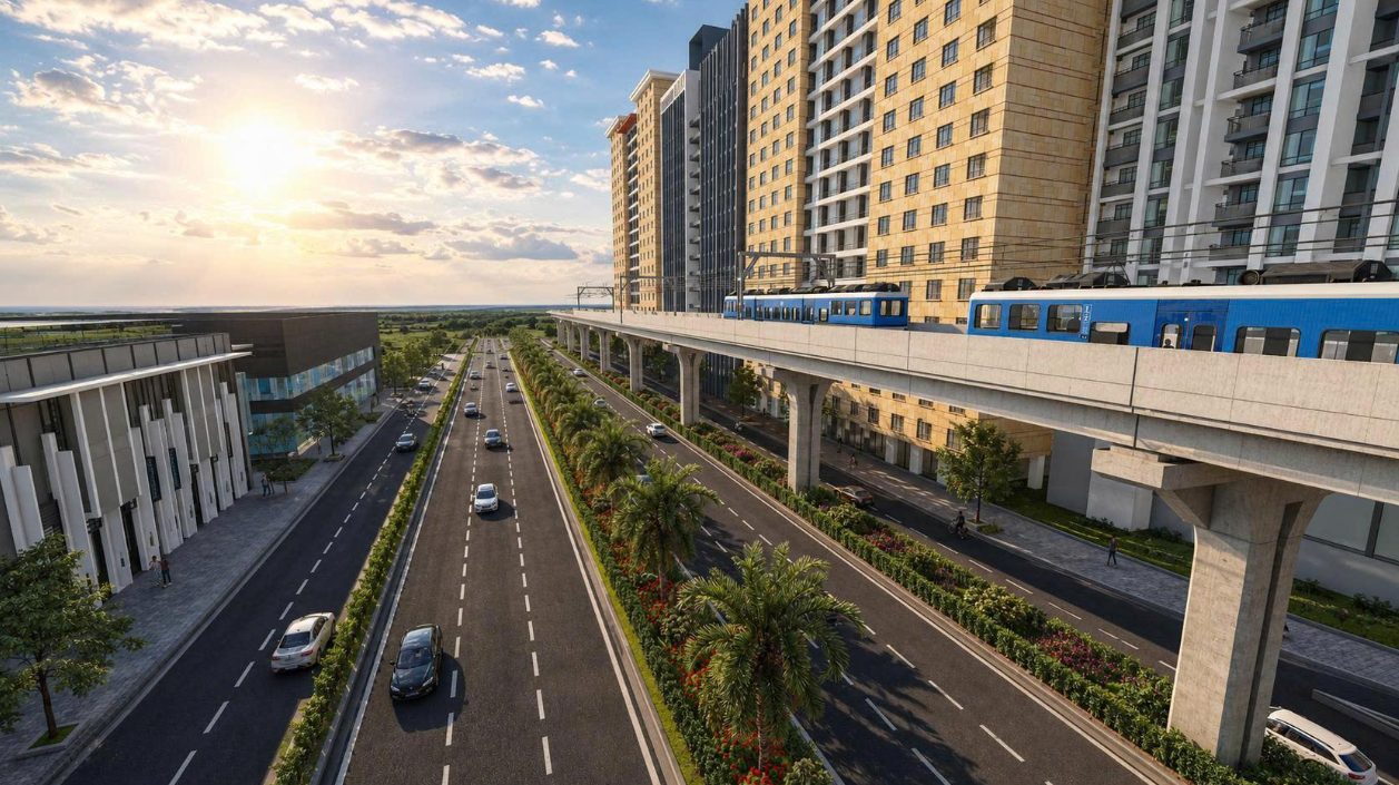 Phối cảnh tuyến metro số 2 (Thủ Dầu Một - TP.HCM) đoạn trên quốc lộ 13 đi bên phải tuyến đường bộ