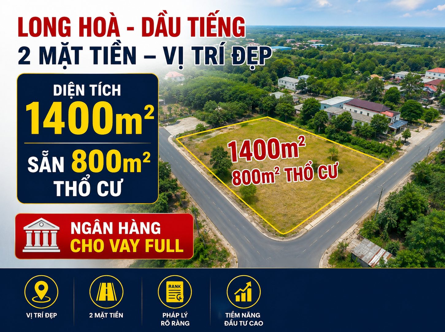 Bán đất Long Hòa - Dầu Tiếng, Bình Dương | 1.400m², sẵn 800m² thổ cư, 2 mặt tiền, ngân hàng cho vay 100% tại Long Hòa, Dầu Tiếng, Bình Dương - ảnh 1